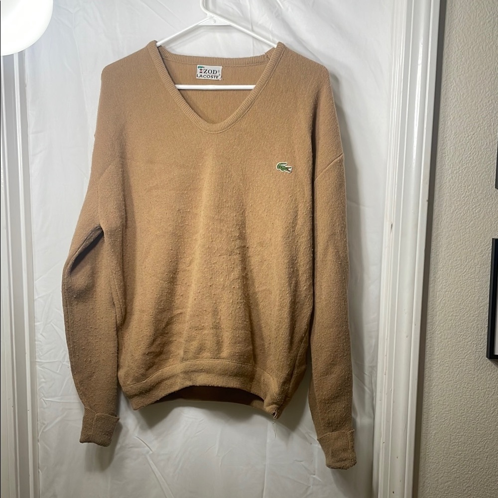 Lacoste Tan V-Neck Sweater with Ribbed Details